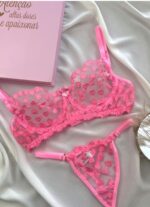Conjunto meia taça de tule bordado rosa Treviso Lingerie